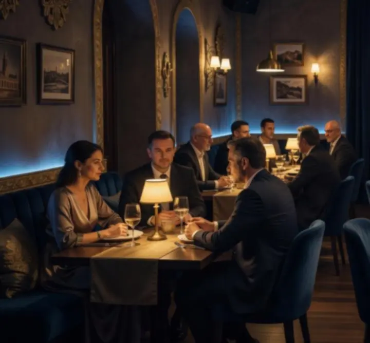 Cinematikus esti hangulat egy elegáns budapesti étteremben, megvilágított asztalokkal
