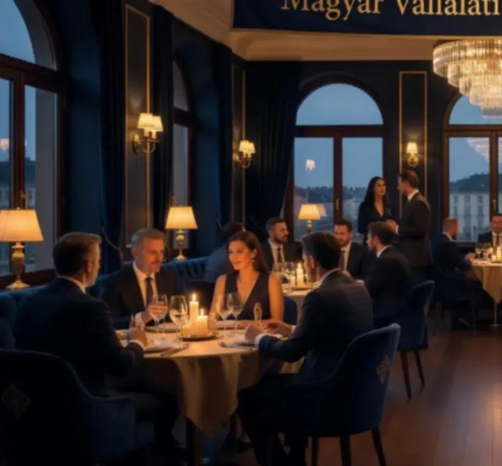 Idilli esti atmoszféra céges rendezvényhez meleg fényekkel és elegáns asztalokkal