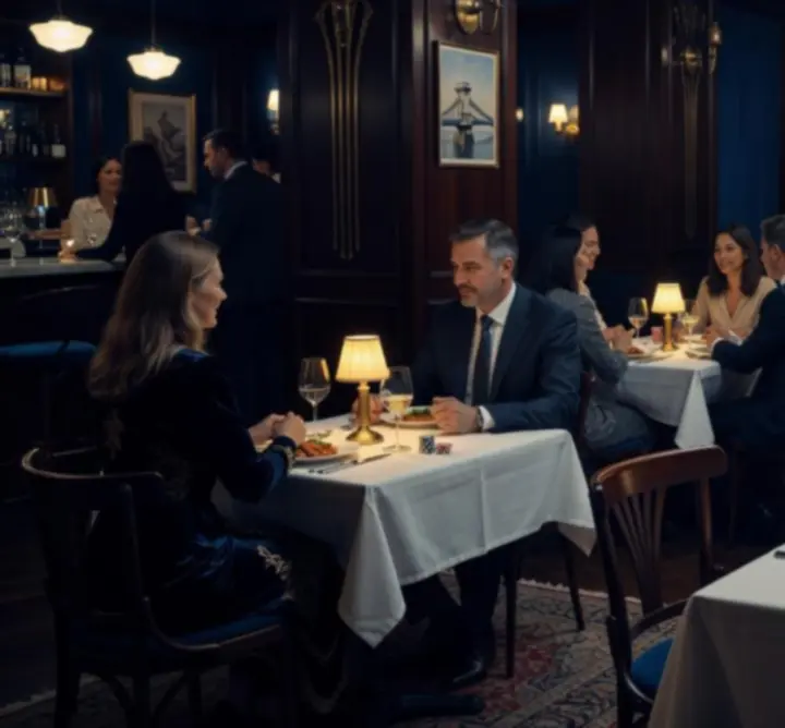 Hangulatos esti belső tér elegáns terítéssel és társasági eseménnyel az Evening Table Hubban