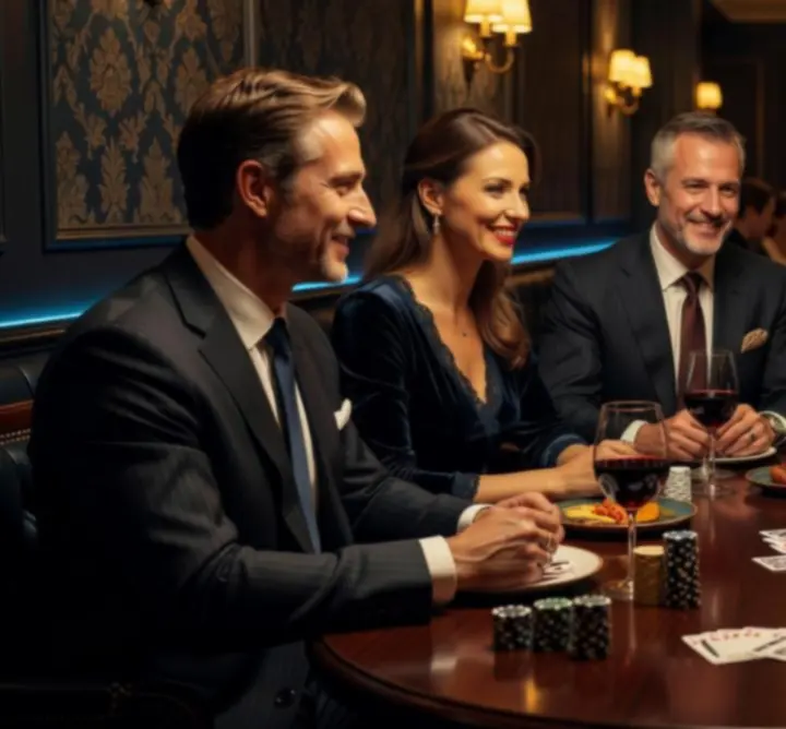 Baráti társaság rekreációs póker esten az Evening Table Hub hangulatos asztalainál