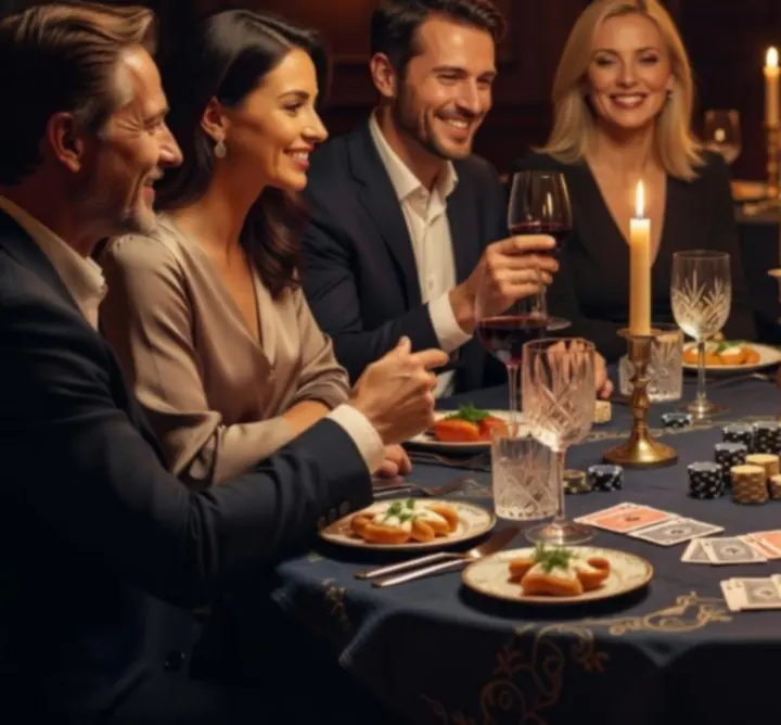Mosolygó társaság kártyázik gyertyafényes asztalnál egy elegáns étteremben.