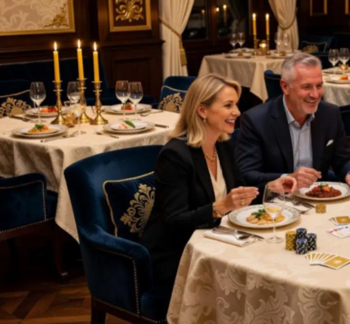 Elegáns éttermi enteriőr gyertyafényes asztalokkal és diszkrét pókerkellékekkel.